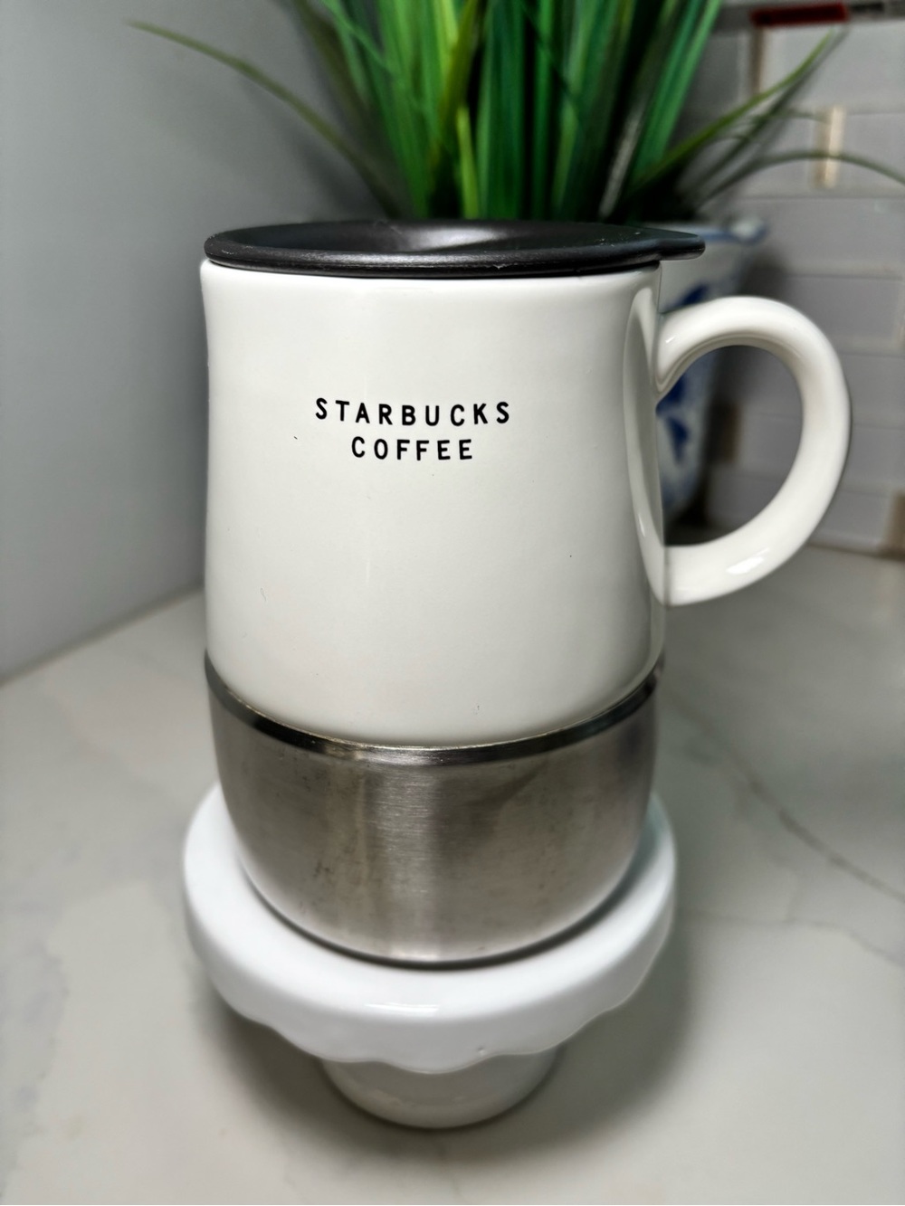 Starbucks White Ceramic Mug with Stainless Steel Band and Black Lid